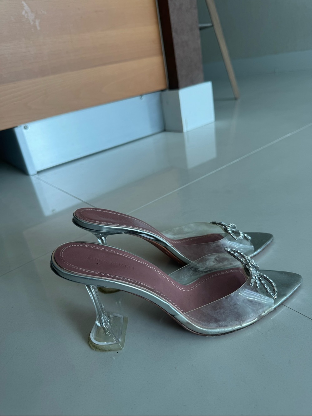 Amina Muaddi Silver Metallic Slip-On Heels with Crystal Knot